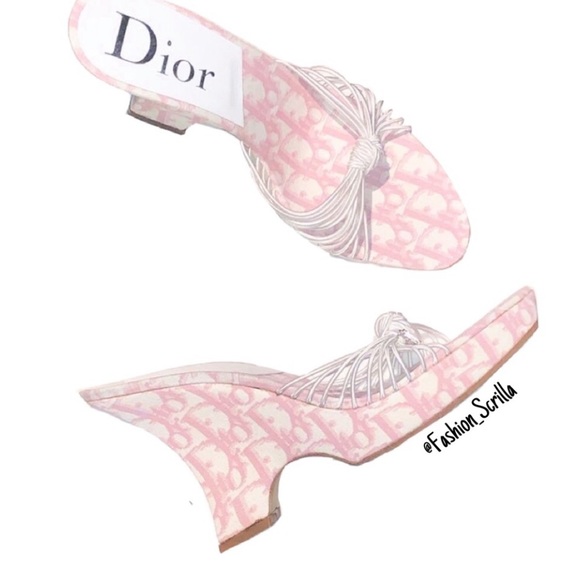 Dior Shoes - DIOR Girly Pink Monogram Logo Denim Trotter Platform Wedge Sandal Mule